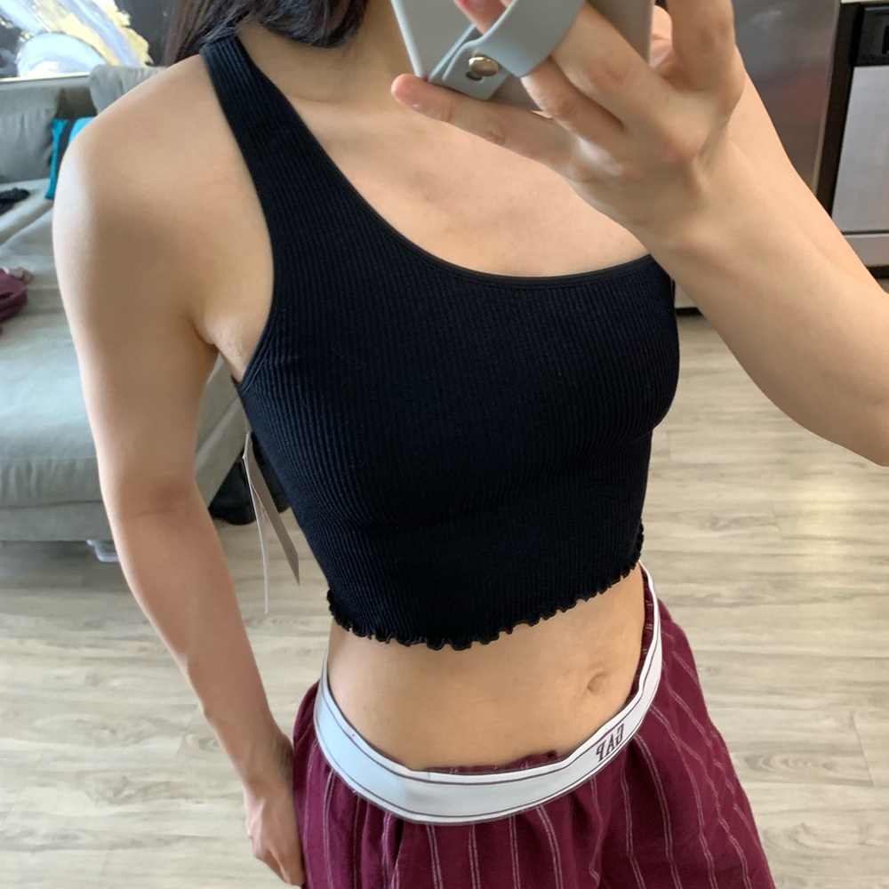 Spiritual Gangster One Shoulder Black Asymmetrical Crop Top - Picture 2 of 4